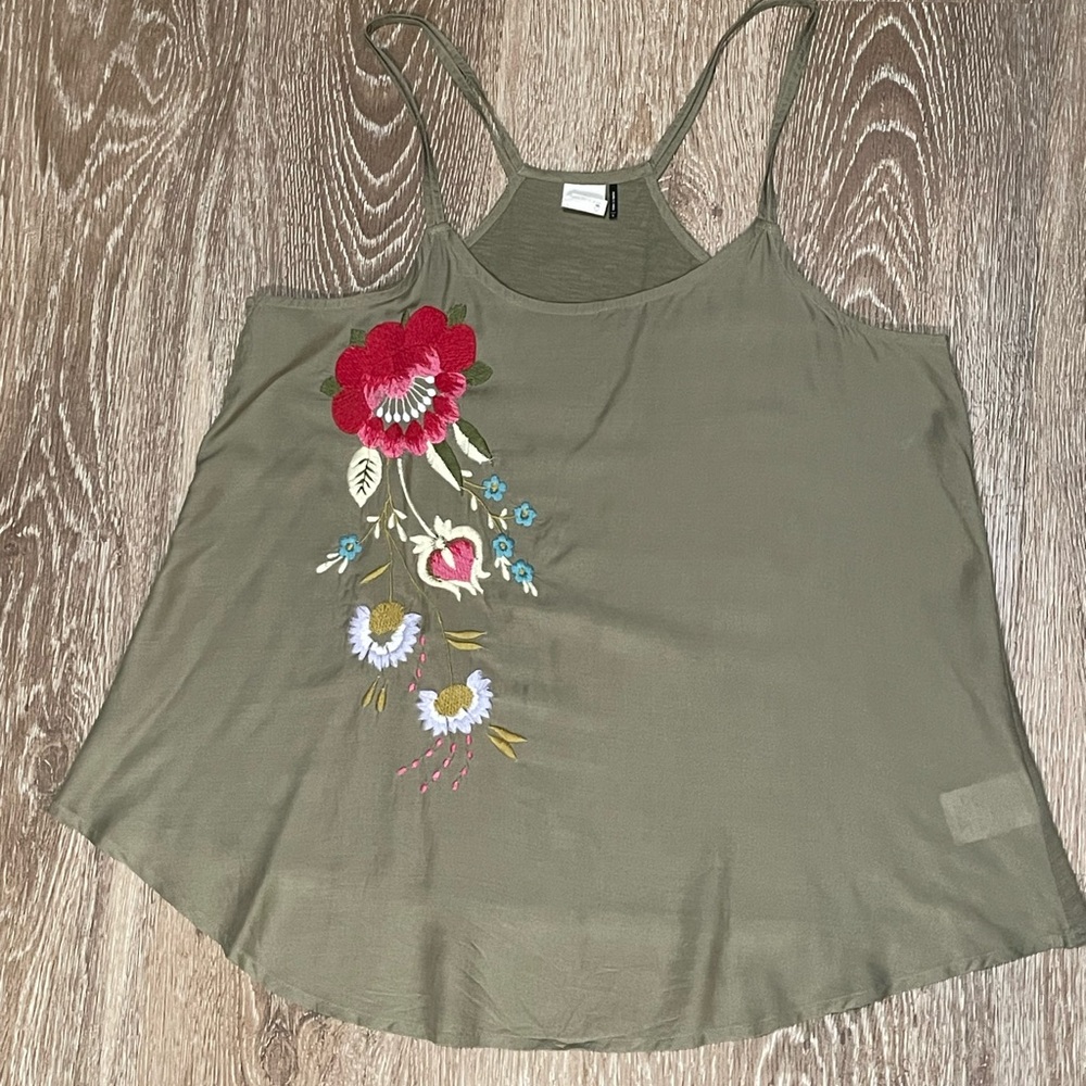 Embroidered Floral Olive Green Anthropologie Top Size S